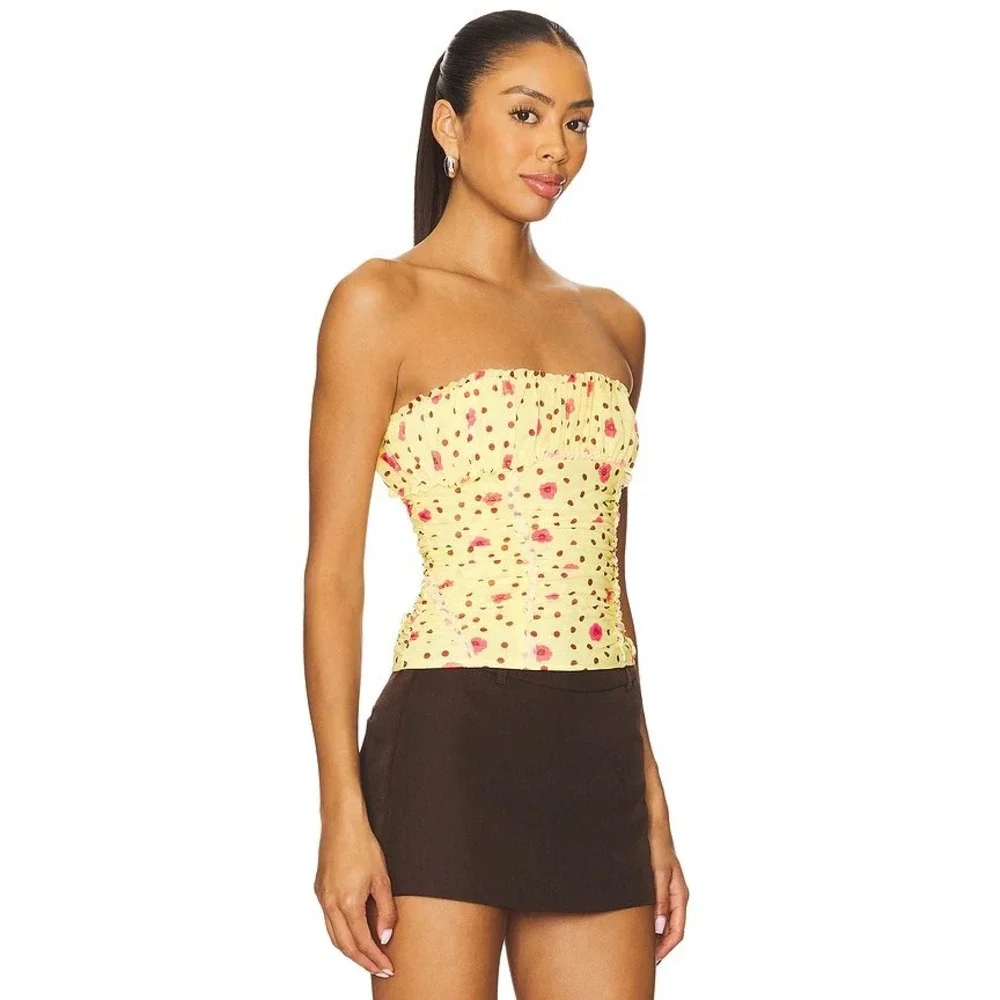 Free People Yellow Brown Pink Floral Polka Dot Ruched Tube Top  Size XS